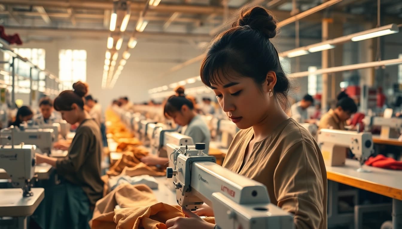 Showcasing skilled artisans Manufacturing Clothing in China with high-tech sewing machines in a bustling factory.