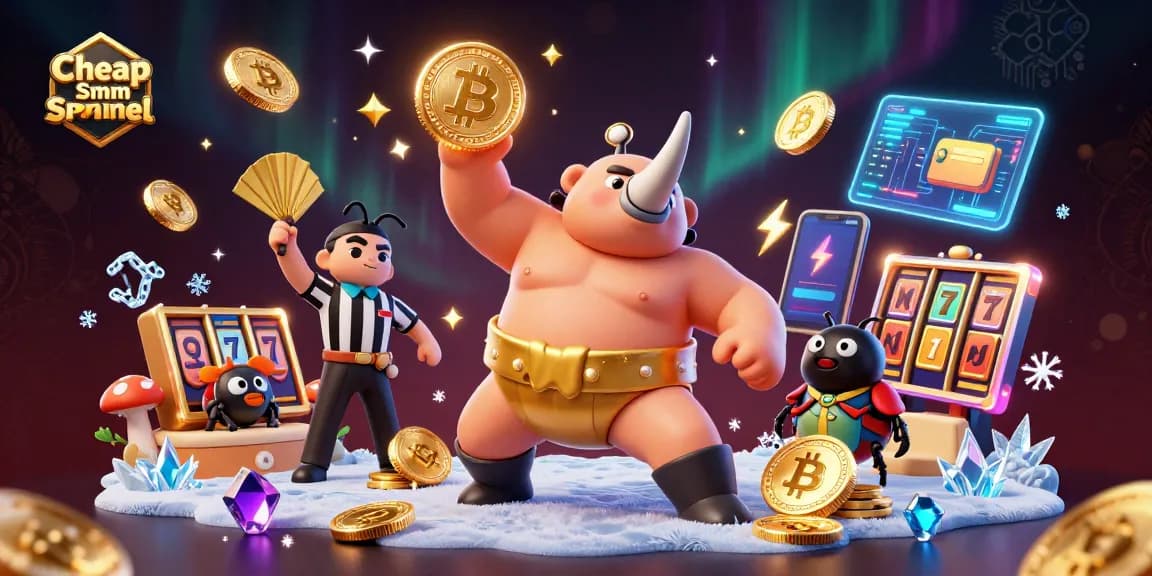 Bet on the Cheap Smm Panel with a powerful rhinoceros beetle champion amidst flying coins and dynamic gaming elements
