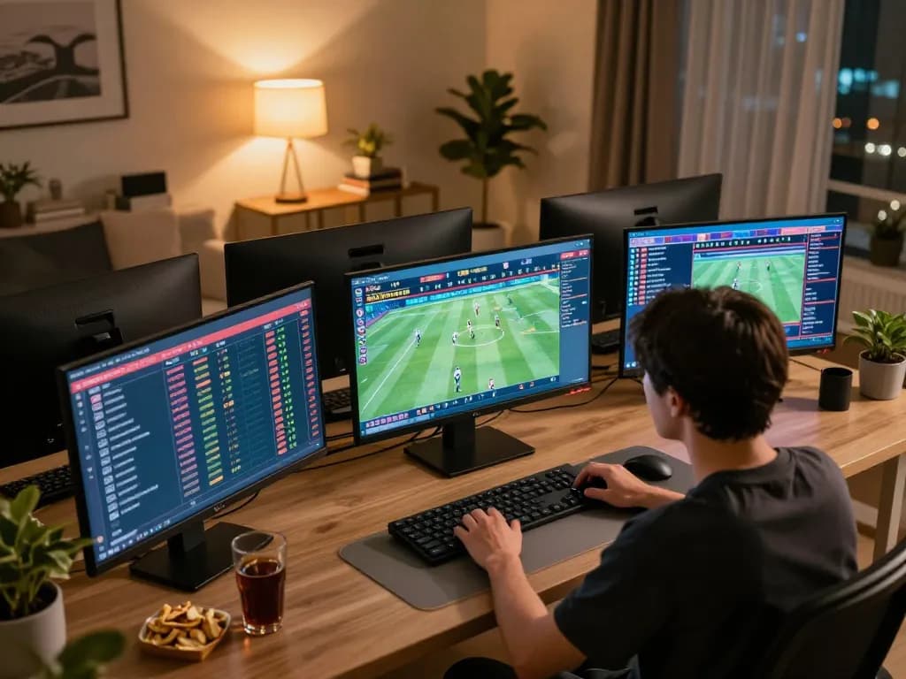 Person engaged in bem88 sports betting at home with multiple screens and analytical focus