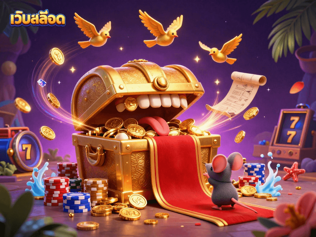 Engage in thrilling slot gaming with เว็บสล็อต as golden treasures and adventure unfold in this vibrant illustration.