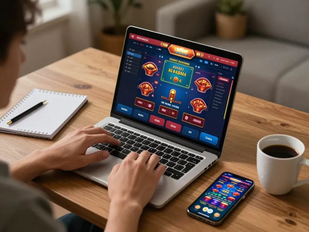 An engaging player using ca khia online casino on a laptop surrounded by notes, creating a strategic gaming atmosphere.