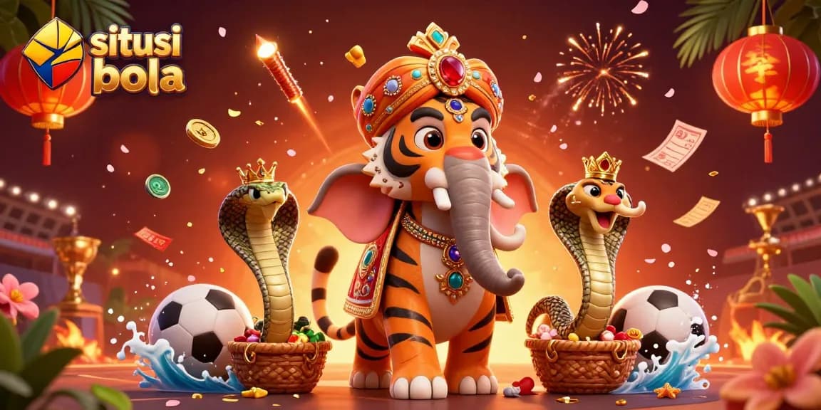 Engage with situs judi bola through a vibrant 3D scene filled with sports elements and celebratory visuals.