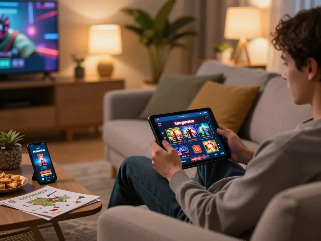 Person engaging with non gamstop casinos on a tablet during a cozy home evening gaming session.