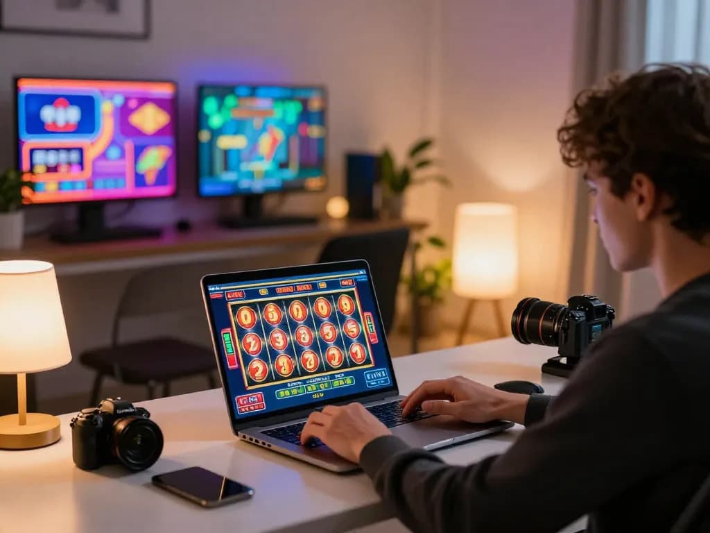 Engaging moment of online casino gaming showcasing goal123 ac in a vibrant home setting, player focused on the screen.