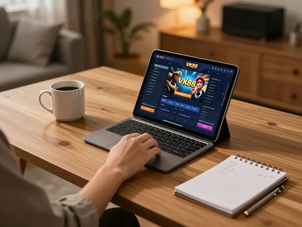 Engaging in gaming through Login Vk88 on a sleek tablet in a cozy home office setting