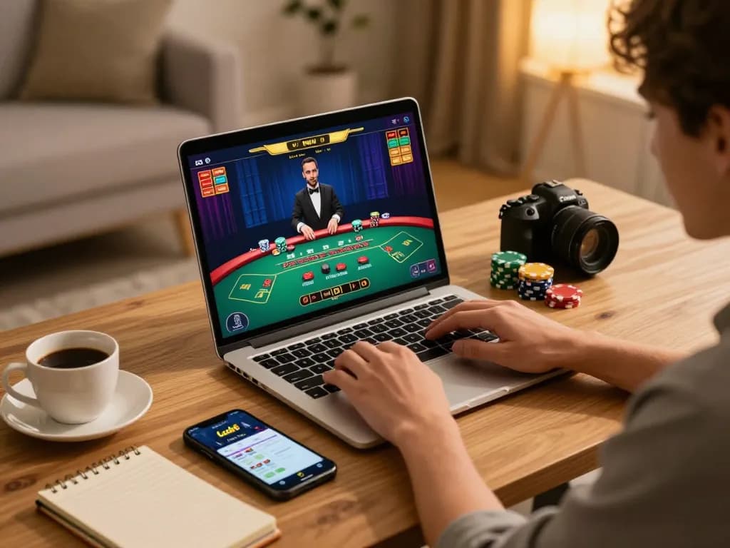 Player engaging with Luck8's live dealer game from home, showcasing a stylish gaming setup.