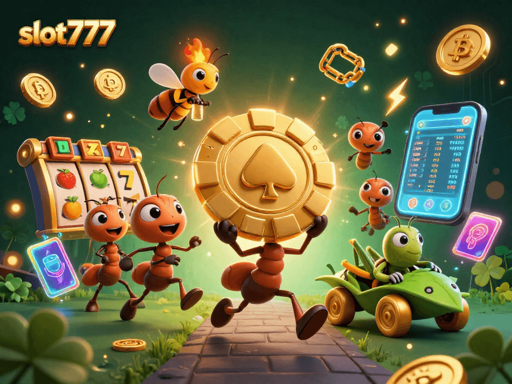 Pemain slot777 seru menangkap peluang dengan karakter unik dan simbol keberuntungan di bawah cahaya remang-remang.