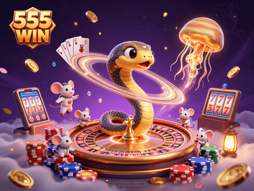 Engage with 555 WIN in this vibrant casino universe featuring a Saturn ring snake, cosmic dealer, and animated gaming elements.