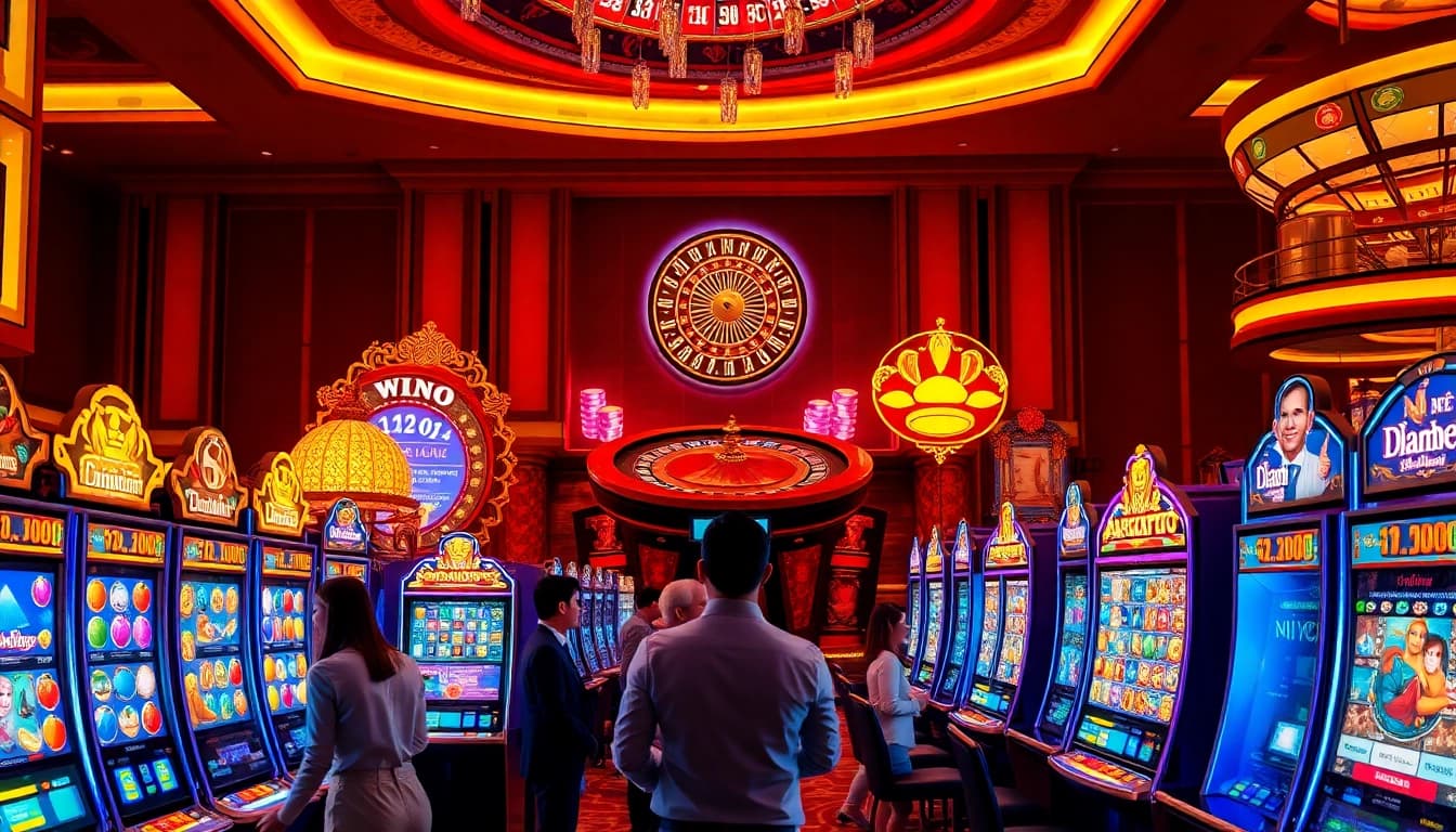 Engaging gamblers at Nổ Hũ Đổi Thưởng slot machines with vibrant jackpots and casino atmosphere.