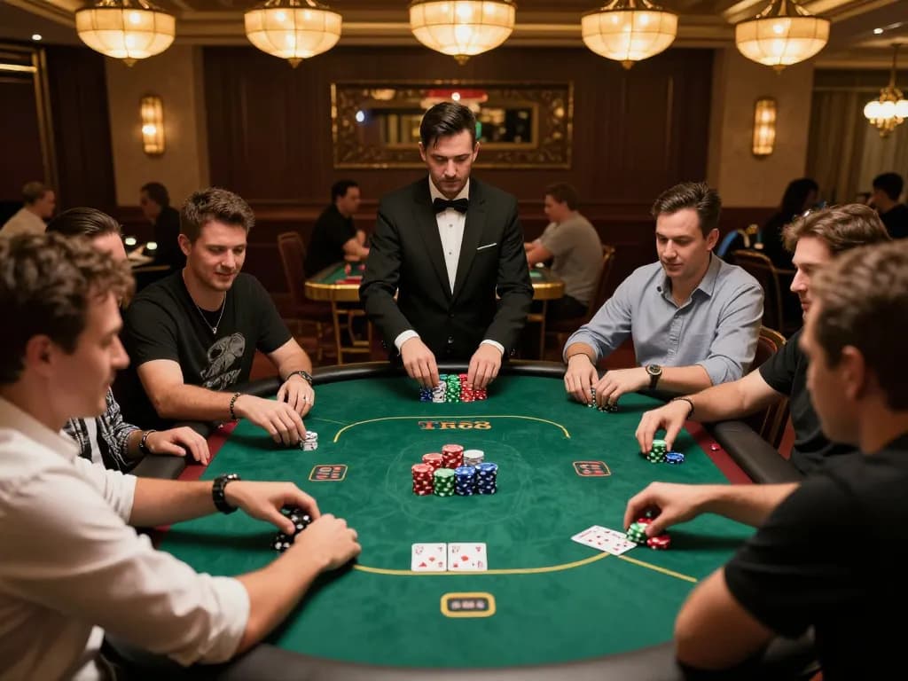 tr88 poker players strategizing at a vibrant casino table with colorful chips