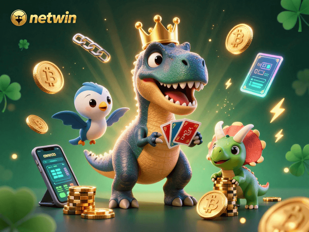 Win with netwin's online gaming platform featuring a T-Rex shuffling cards and glowing crypto coins.