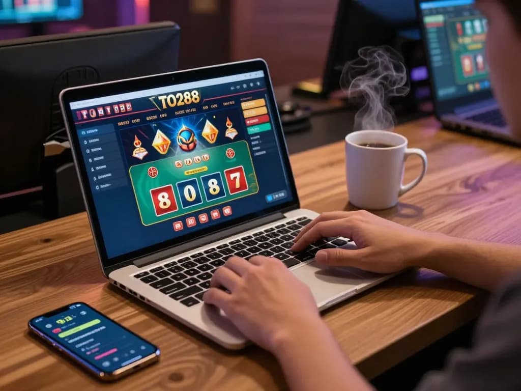 Engaging online gameplay on TO288, showcasing a laptop and smartphone in a cozy gaming setup