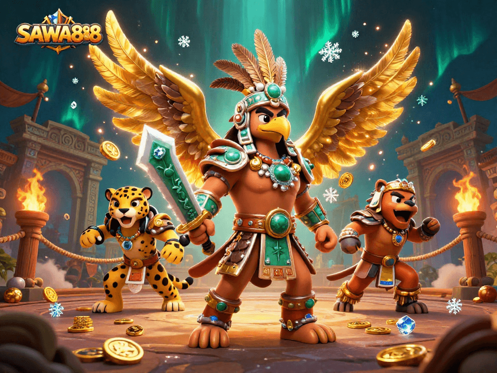 SAWA888 features a dynamic casino scene with a warrior eagle and a jaguar, surrounded by gold coins and gaming elements.