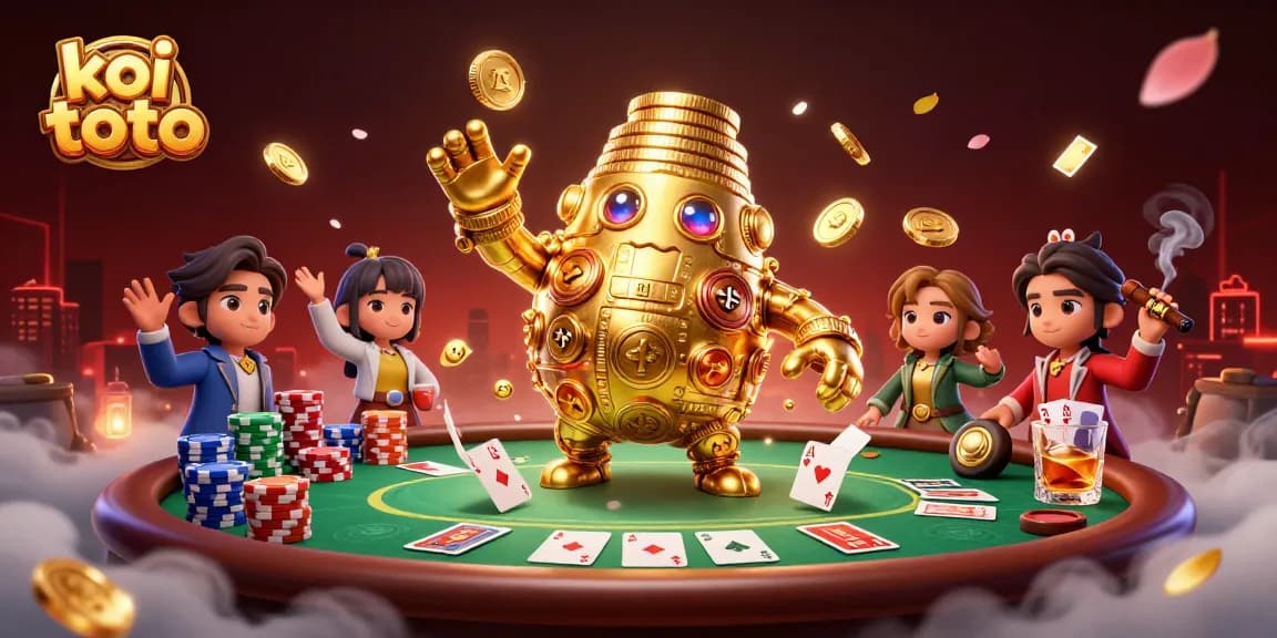 Koi toto golem rising above a vibrant casino scene with poker chips and cards.