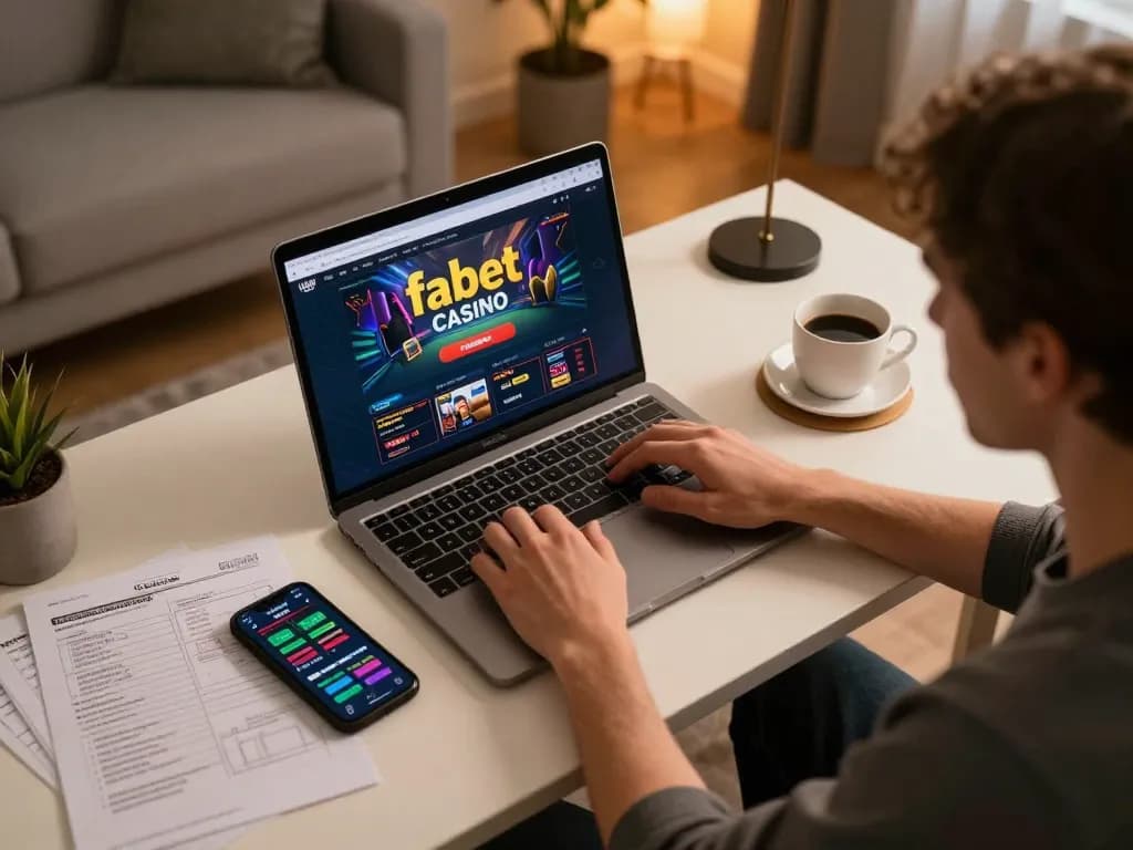 Player engaging with fabet online casino platform using laptop and smartphone.