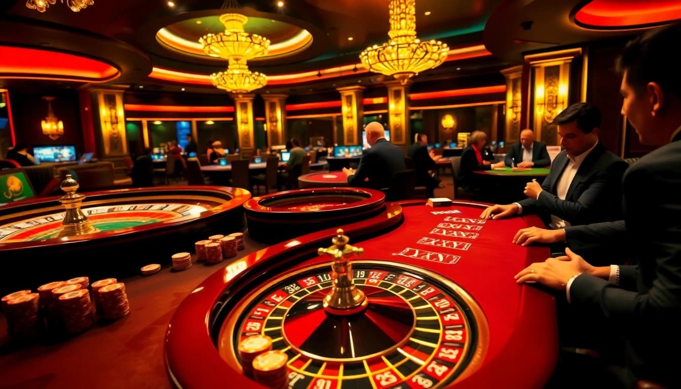 Juragan77 players engaging with a lively poker table in an upscale casino scene.