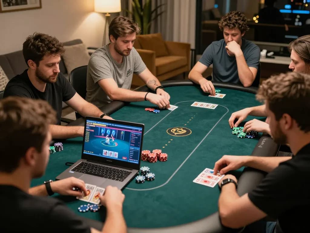 Players engaging in strategic online poker gameplay at home with mb66 branding visible