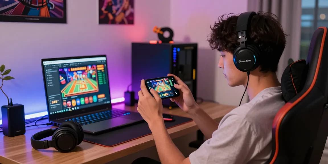 Mobile APK Betgames gaming session at a stylish home desk with colorful lights