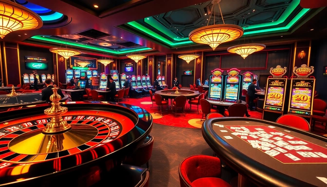 Experience F8bet action with vibrant casino tables, poker players, and diverse slot machines.