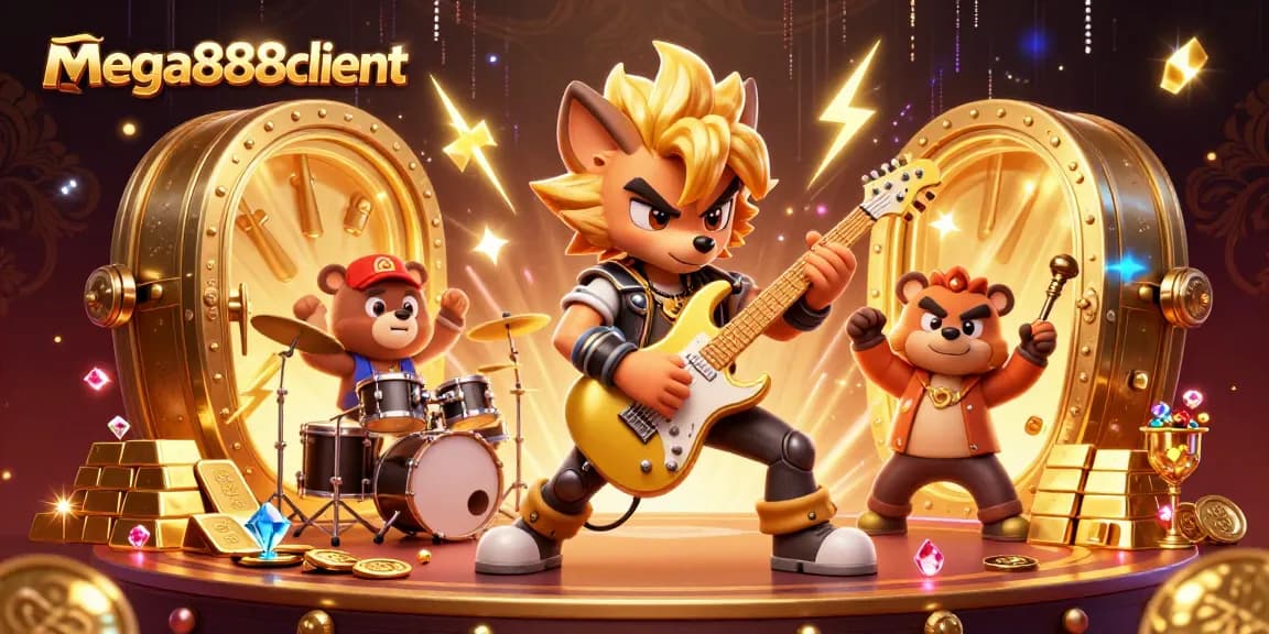 Experience the excitement of mega888client with a vibrant 3D casino stage scene full of treasures.
