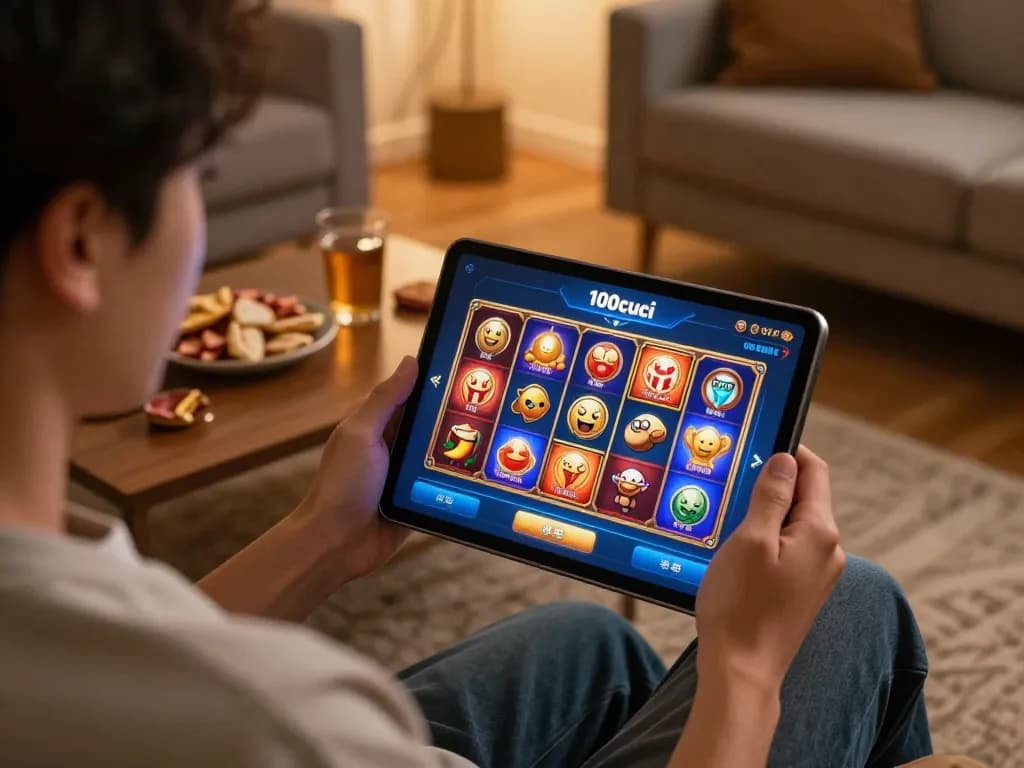 Player engaging with the 100cuci online casino interface on a tablet in a cozy home setting.