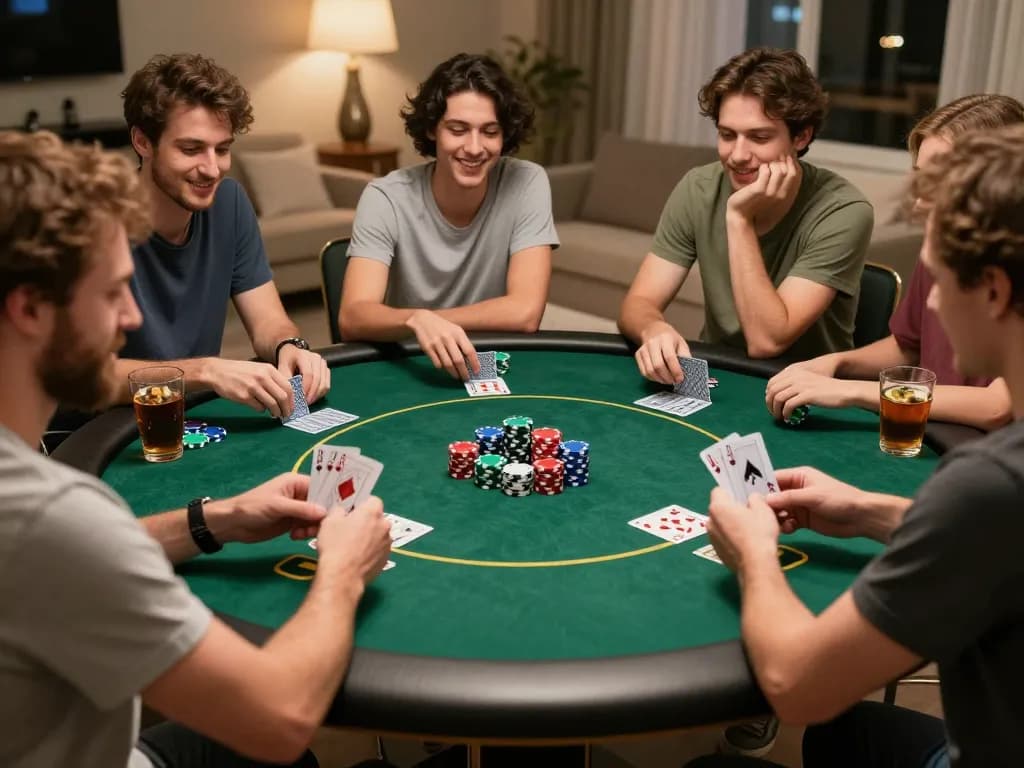 Cucu777 players engaged in an exciting home poker night, showcasing strategy and camaraderie.
