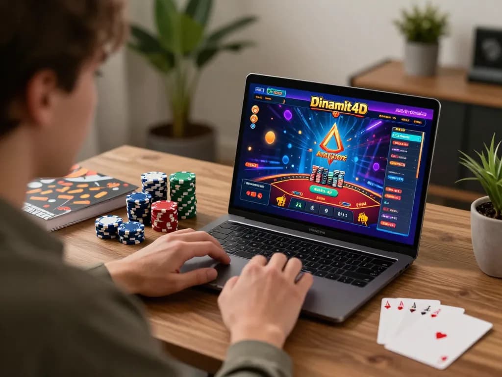 Engaging online gaming scene showcasing Dinamit4D casino action on laptop, strategic focus and cozy atmosphere