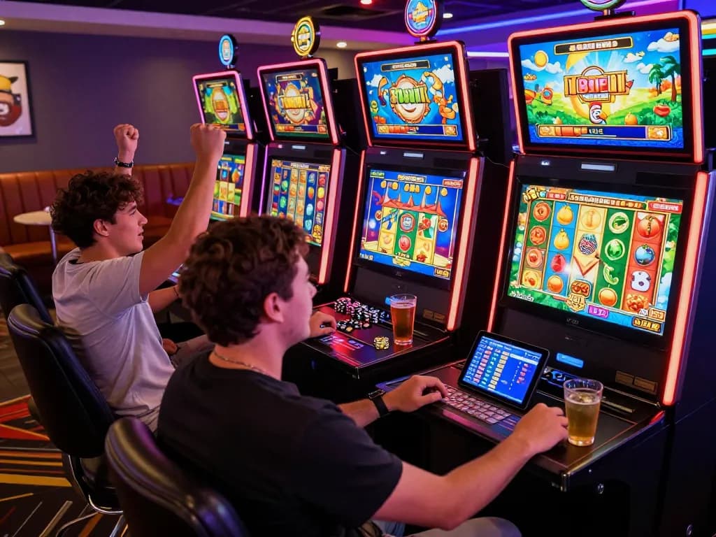 Exciting online gambling experience showcasing slot gacor hari ini with players celebrating wins at vibrant virtual machines.