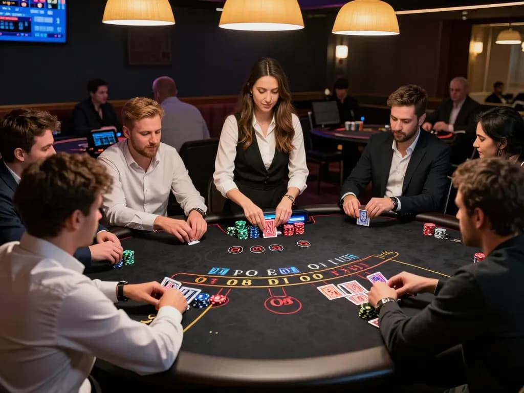 Engaged players at Trang Chủ O8 participate actively in a live dealer blackjack game, showcasing strategic gameplay.