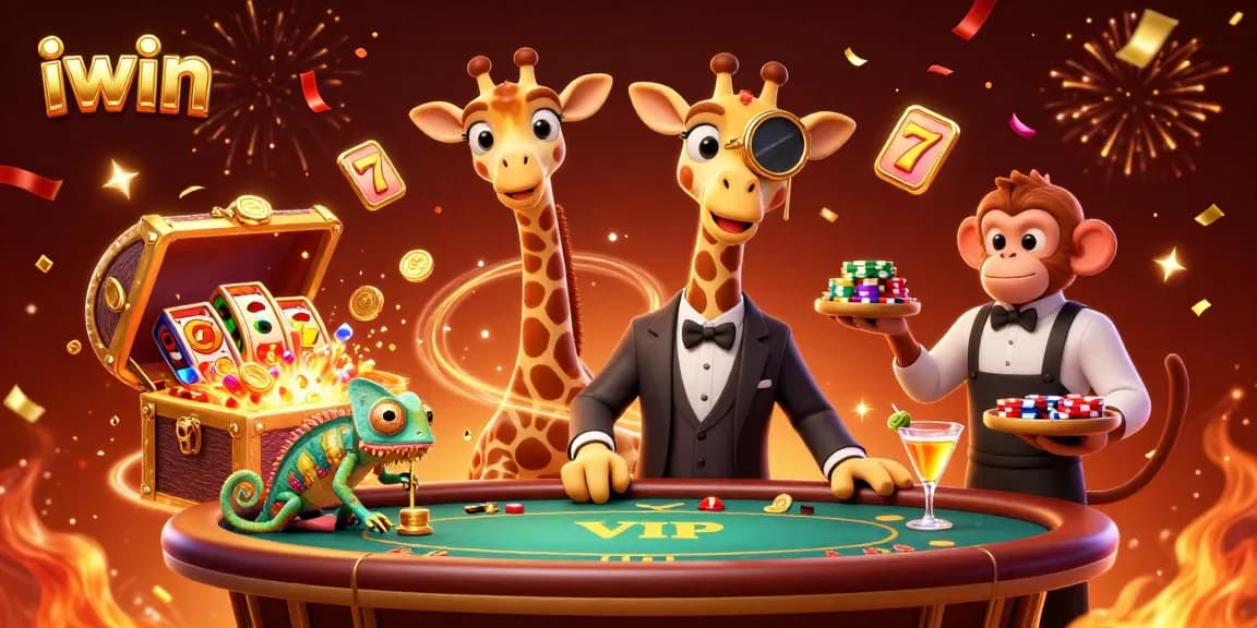 Experience the excitement of iwin casino with high-roller giraffe at a VIP table surrounded by colorful slot elements.