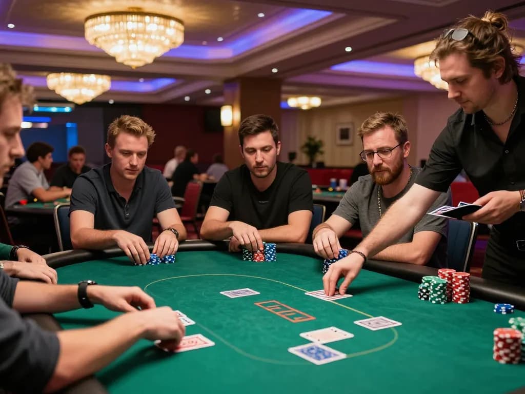 Players strategizing in a poker game at taixiusunwin.art, showcasing intense competition and vibrant casino atmosphere.