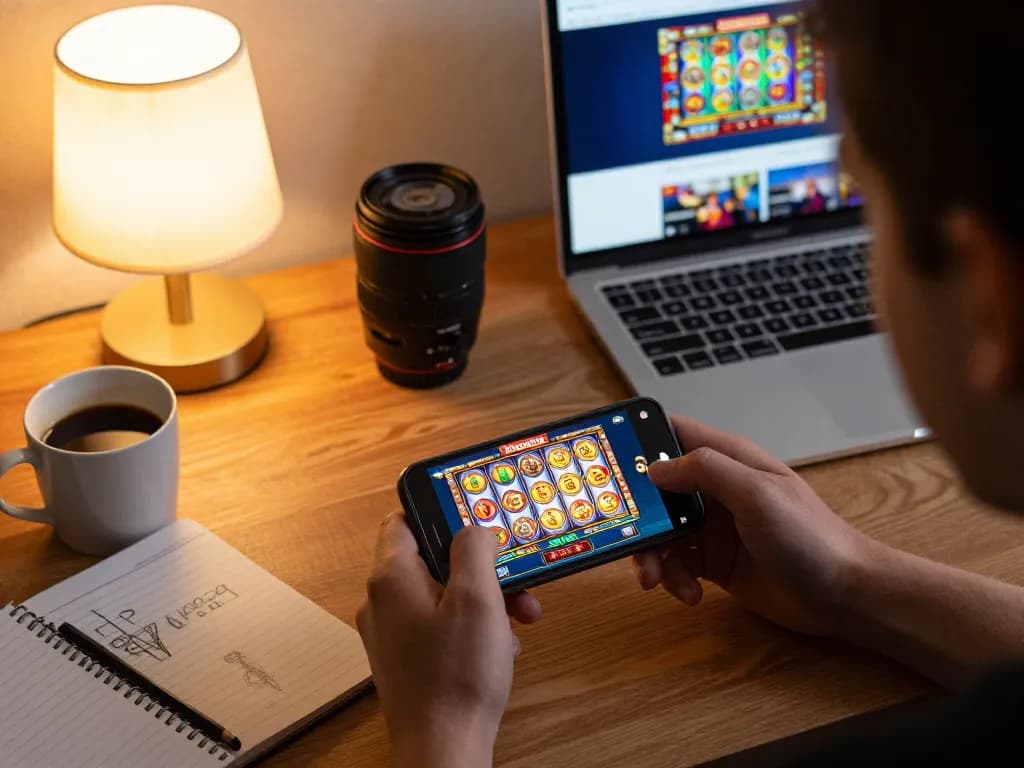 Player using the unogg app for online casino gaming with smartphone at cozy home desk