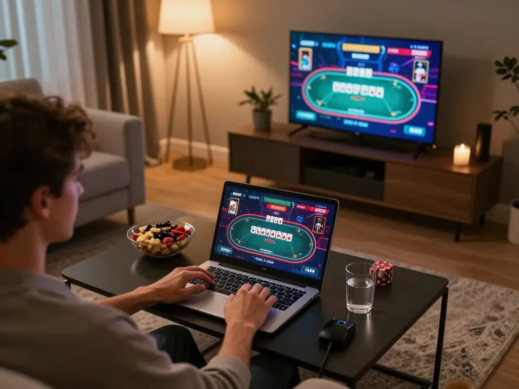 Engaging with the alo8 online casino platform on a laptop in a cozy setting