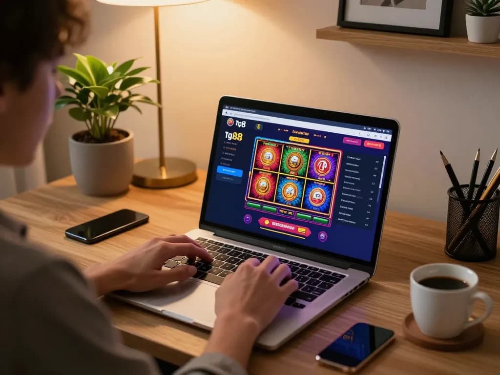 Engaged player using tg88 app for online slots and casino games at home with vibrant visuals