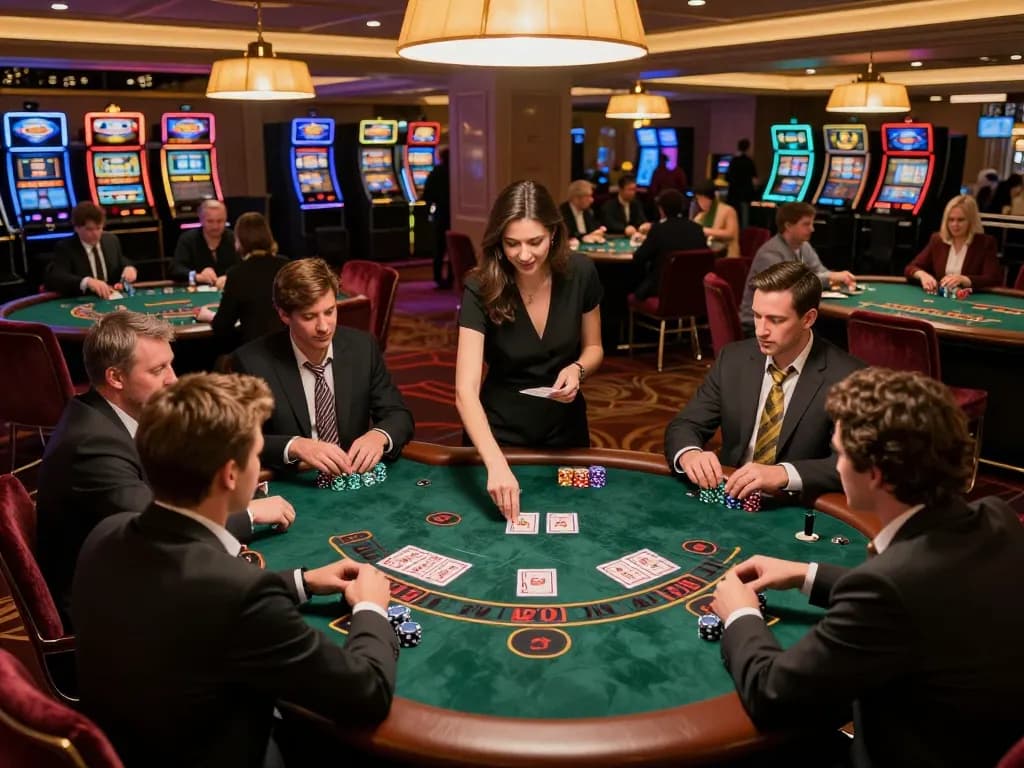 KJC players strategizing at a high-stakes blackjack table in a vibrant casino atmosphere.