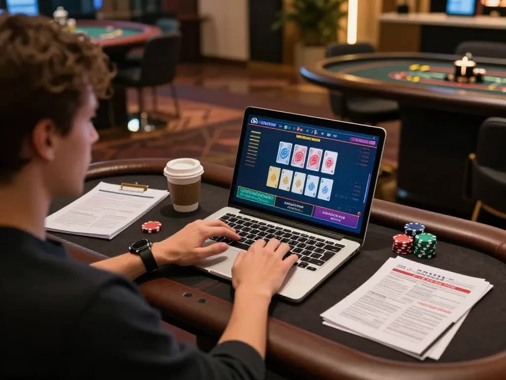 Engaged player at xx88 using laptop for live dealer games, cozy home environment with strategic notes.