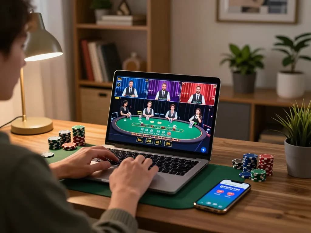 Experience thrilling live dealer blackjack gameplay with go99com in a cozy home gaming setup.
