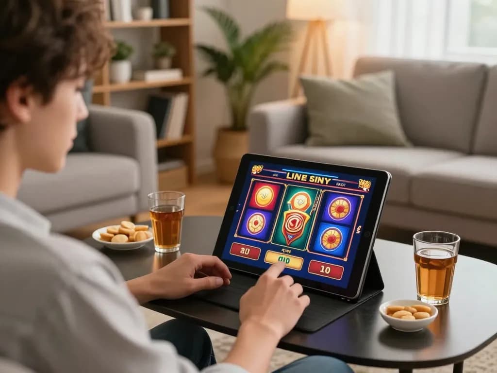 Player experiencing Planet88's slot gaming features on a tablet in a cozy home setting.