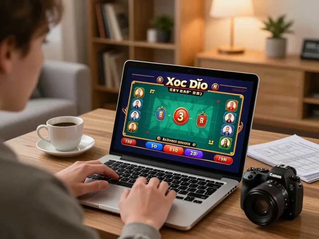 Engaged gambler playing Xóc Đĩa on vvvwin platform at home with strategic notes.