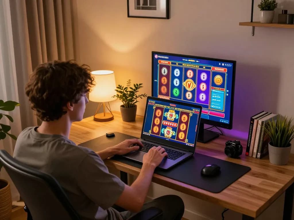 Engaging in SKY88 bet gameplay on laptop showcasing vibrant online slot experience