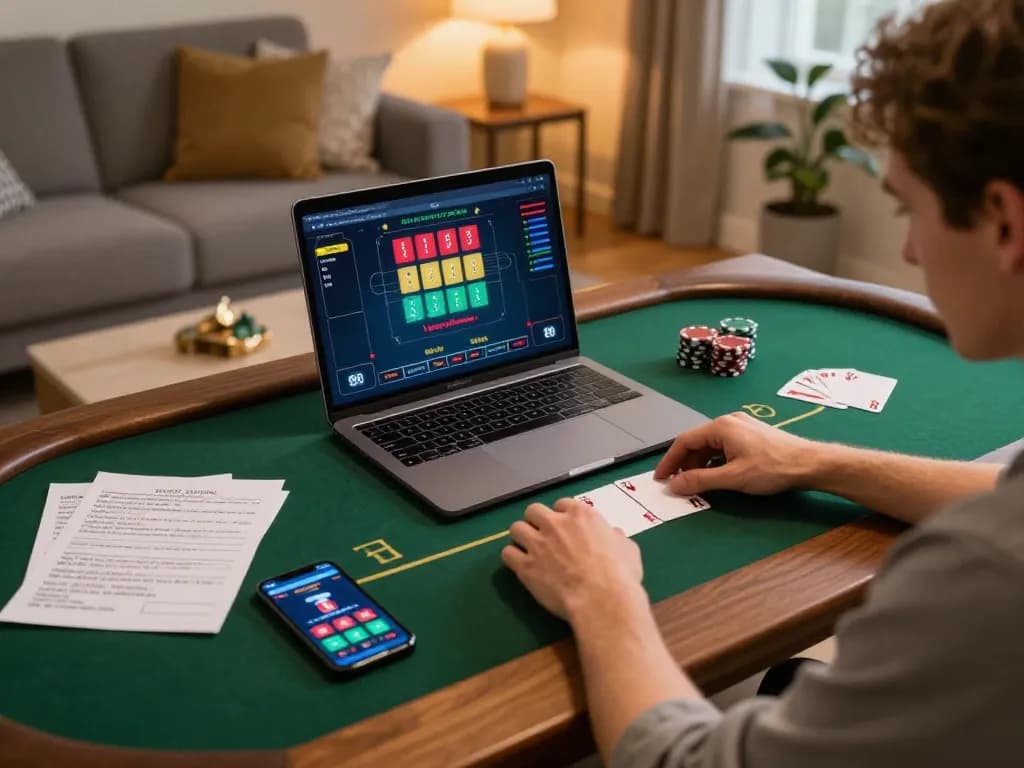 Enjoying cm88 poker games on a laptop at home with strategic betting notes and cozy ambiance.