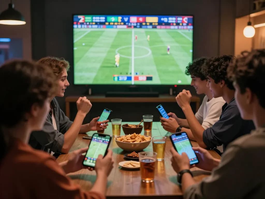 KQBD football matches displayed on screen while friends place bets enthusiastically, creating an engaging sports betting environment.