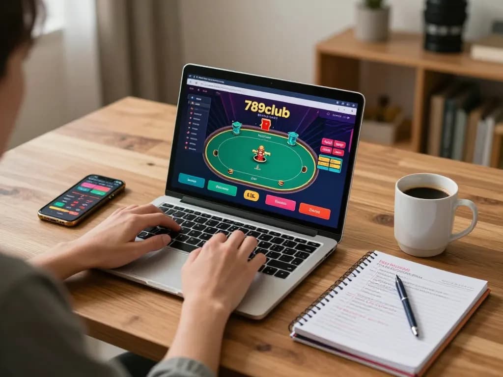 Engaged player strategizing and enjoying online casino games at 789club on a laptop in a cozy home setting.