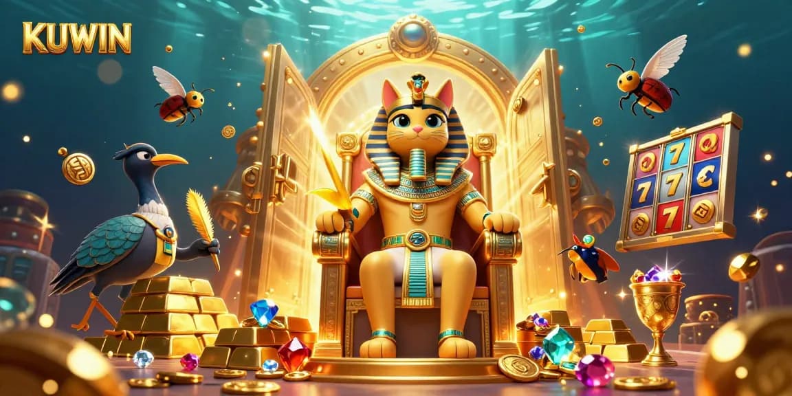 Engage with KUWIN's vibrant casino atmosphere featuring a Pharaoh cat, treasures, and lively slot elements.