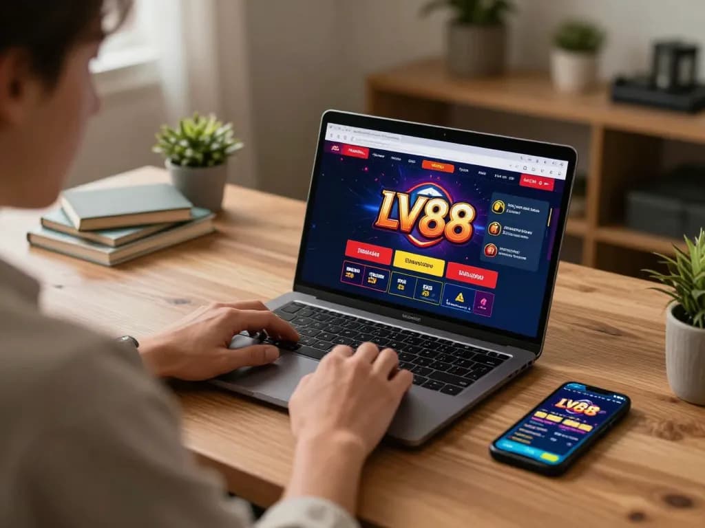 Engaged player enjoying LV88 online gaming, featuring a laptop and smartphone in a cozy environment