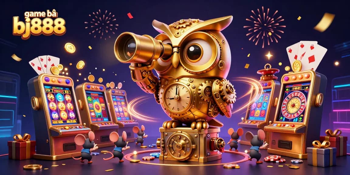 Experience exciting game bài bj888 with a 3D clockwork owl surrounded by vibrant casino elements and gaming excitement.