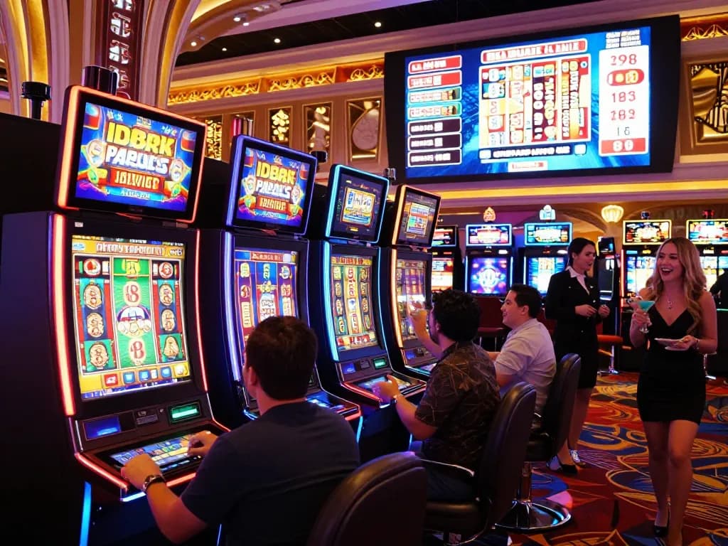 Pemain menikmati permainan link slot dalam suasana kasino Las Vegas yang vibrant.