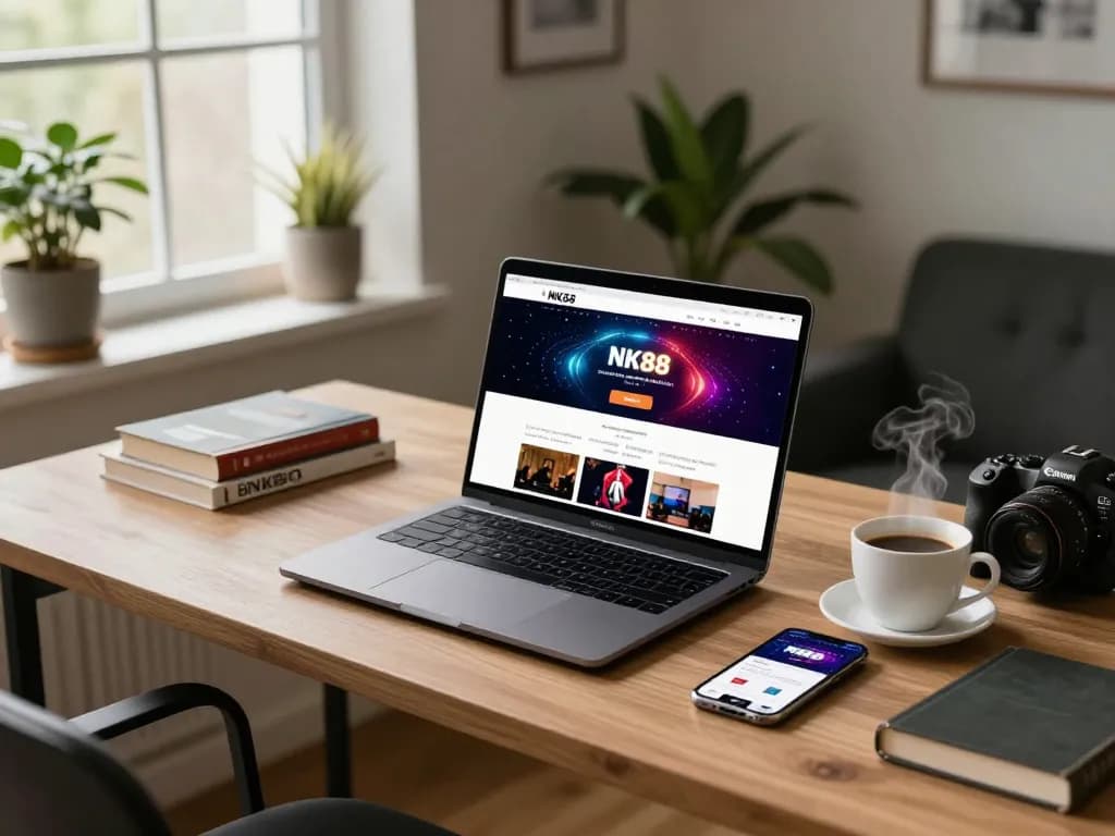 Engaging NK88 online casino gaming setup at home with laptop and mobile app.
