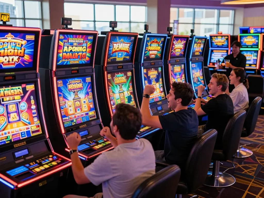 Pemain menikmati slot gacor hari ini di kasino yang meriah, mesin yang diterangi dan suasana ceria menangkap kegembiraan bermain game.