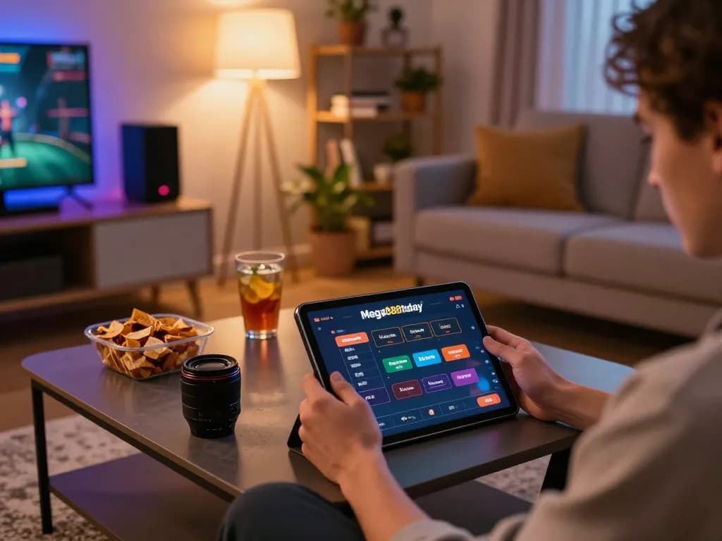 Pemain Mega888today menikmati permainan kasino dalam talian di tablet dalam suasana rumah yang selesa dengan snek.